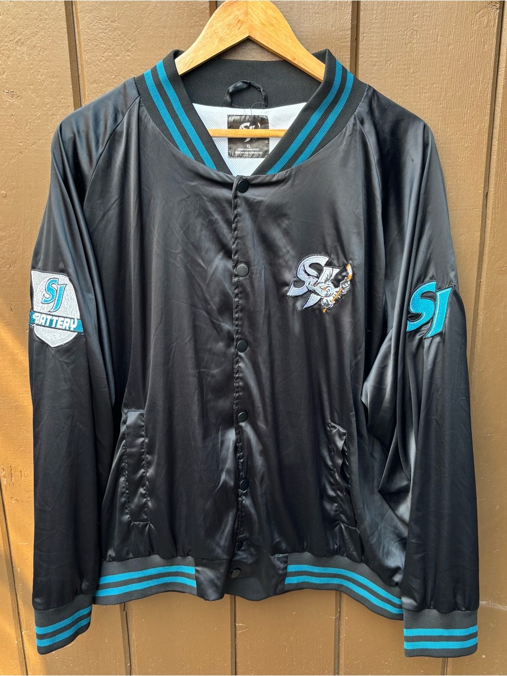 RARE San Jose Barracuda CUDA Satin Bomber Jacket XL AHL Hockey Embroidered Black